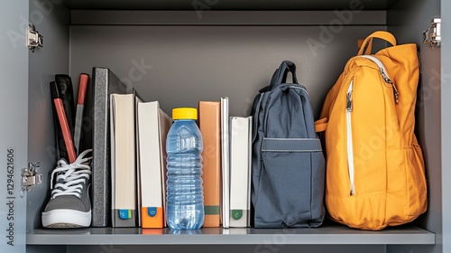 School supplies, books, backpack, and shoes neatly organized inside a locker