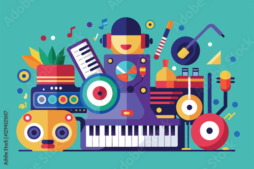 This artwork showcases various musical instruments and elements in a playful arrangement, inviting creativity, Music Customizable Semi Flat Illustration
