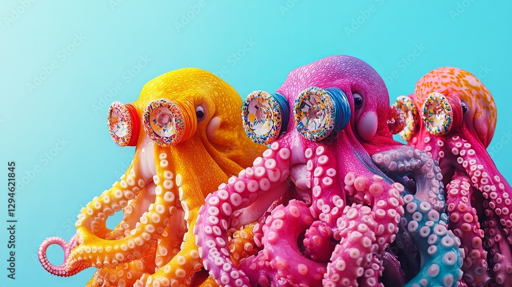 Obraz premium A creative animal concept featuring a group of octopuses dressed in funky, wacky, and wildly mismatched colorful outfits against a vibrant background