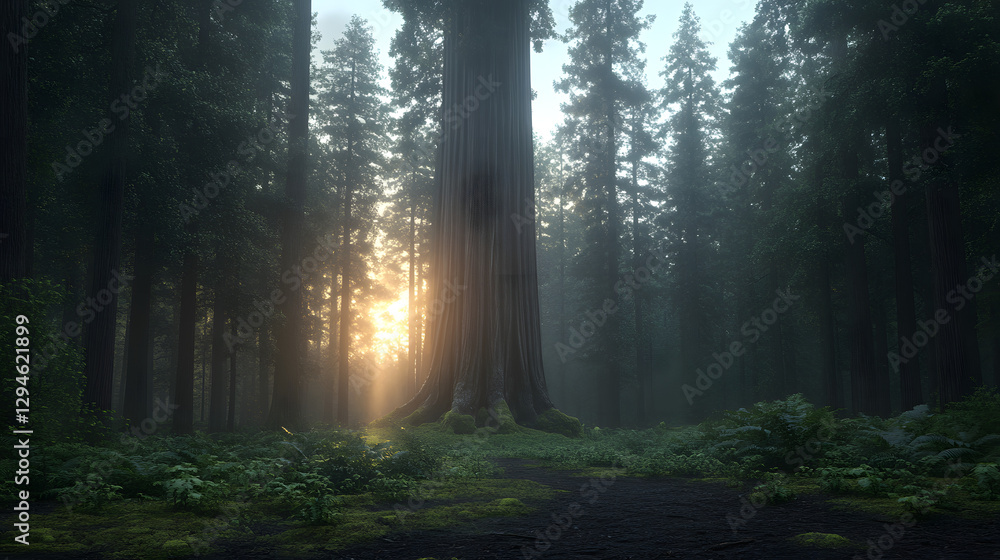 Obraz premium Sunrise through giant redwood forest