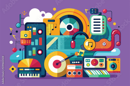 A vibrant collection of musical instruments and media elements arranged creatively on a colorful backdrop, Music media trending