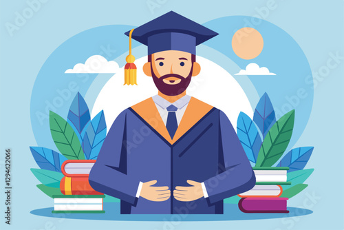 A Muslim graduate in a cap and gown proudly stands amidst books and vibrant foliage, celebrating achievement, Muslim graduation Customizable Disproportionate Illustration