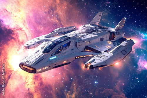 Fototapeta Naklejka Na Ścianę i Meble -  A futuristic spaceship exploring a colorful nebula filled with swirling stardust and glowing particles, creating a dynamic and radiant space adventure