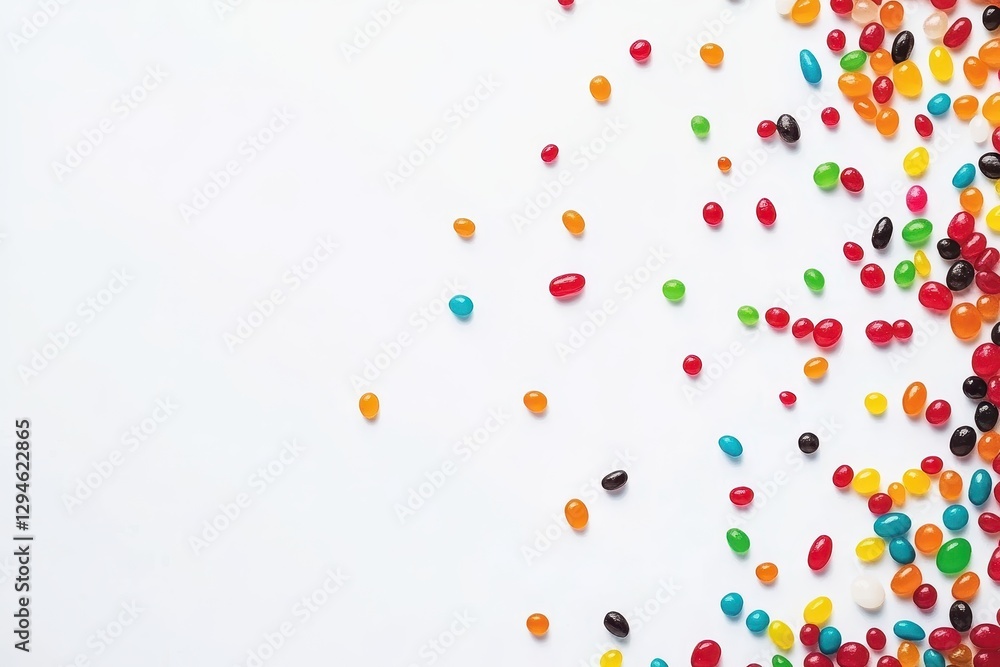 Vibrant Jellybeans on a Bright White Surface. Scattered Candy Creating a Playful Overhead Scene with Ample Copy Space.