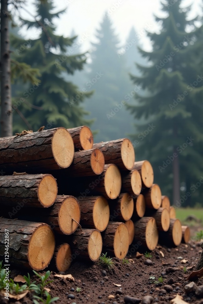 A neatly stacked pile of freshly cut timber logs rests on the ground, surrounded by a misty forest A neatly stacked pile of freshly cut timber logs rests on the ground, surrounded by a misty forest