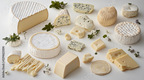 Variety of cheeses displayed on white background with decorative flowers