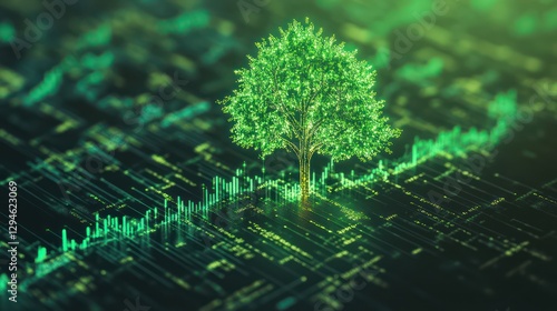 A green tree icon glowing over a digital financial chart with an upward trajectory