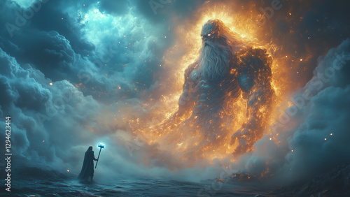 A demigod wields a colossal hammer, shattering a titan’s stone armor in a battle among the clouds generative AI