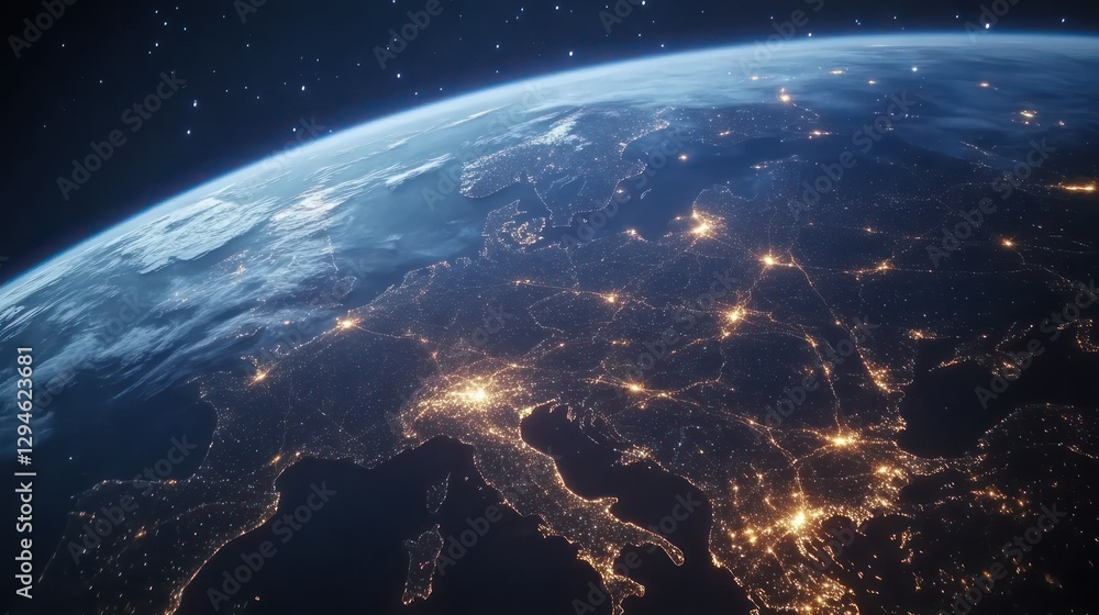 Fototapeta premium A high-angle perspective of Earth with thousands of illuminated data connections representing the backbone of the internet