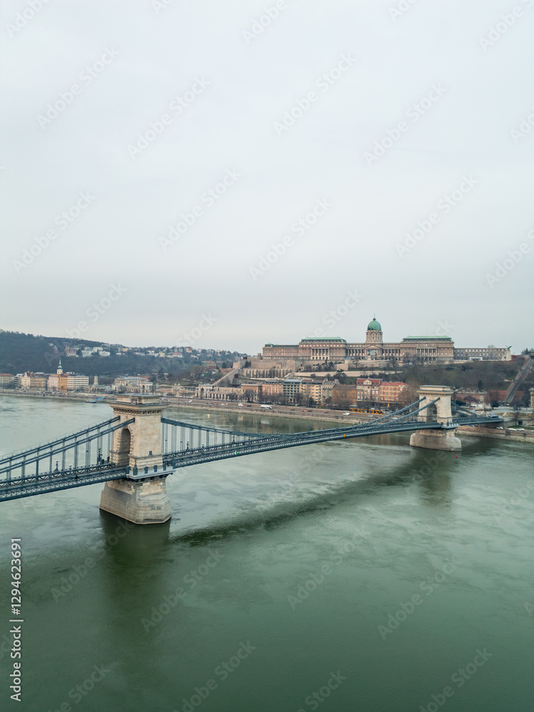 Chain Bridge connecting Buda and Pest over Danube river with Buda Castle in background Aerial view Chain Bridge connecting Buda and Pest over Danube river with Buda Castle in background Aerial view