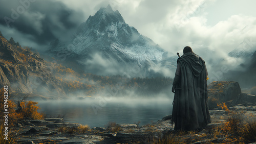 A weary knight stands before a vast, mist-covered lake, where a cursed sword floats just above the water’s surface generative AI