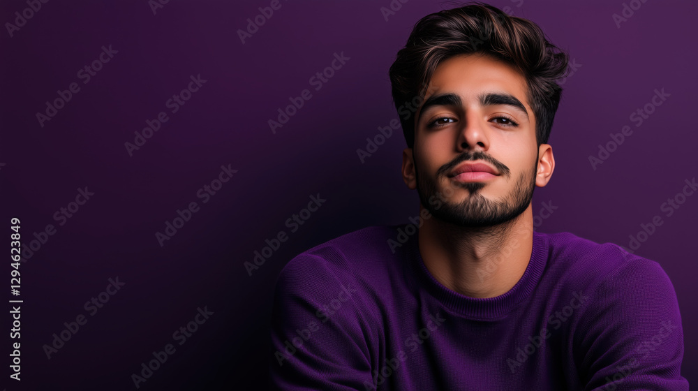 Fototapeta premium A Relaxed Latino Man in His Mid-30s Posing with a Calm Expression Against a Solid Dark Purple Background, Highlighting His Comfortable and Easygoing Demeanor