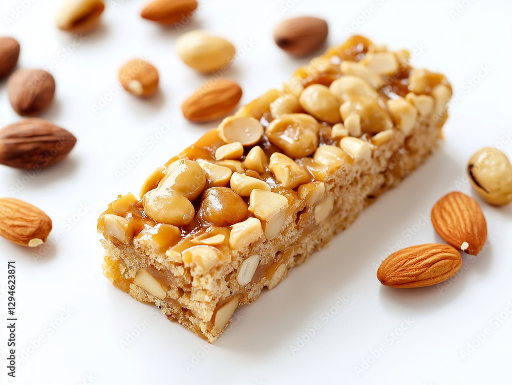 Cereal bar covered with caramel and nuts lying on white background Cereal bar covered with caramel and nuts lying on white background