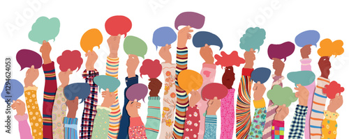 Many hands raised of diverse and multicultural children and teens holding empty speech bubbles. Diversity Equality Inclusion. Children at school or kindergarten. Isolated
