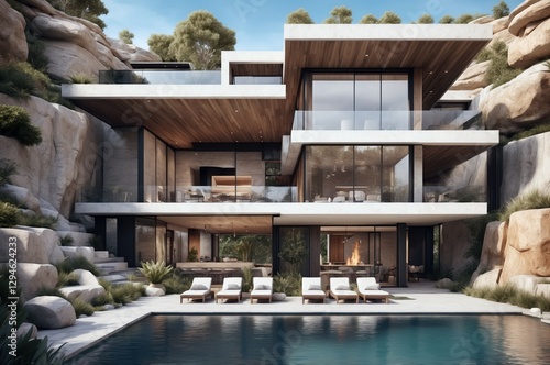 Wallpaper Mural Stunning modern villa designed with natural elements in a rocky landscape featuring a pool and outdoor loungers Torontodigital.ca