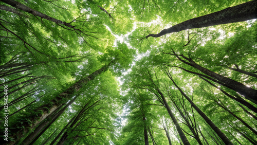image of looking up at the green treetops in an Italian forest