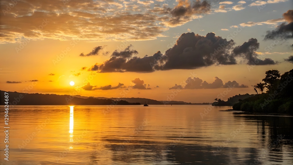 Fototapeta premium Serene sunset over tranquil river with reflective waters. Created with Ai