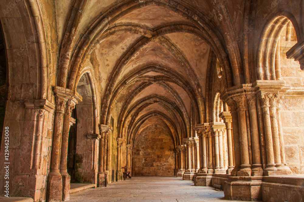 Ancient monastery cloister in Porto, Portugal, featuring arched stone corridors and intricate columns bathed in warm sunlight. Stunning medieval architecture and historical atmosphere. Ancient monastery cloister in Porto, Portugal, featuring arched stone corridors and intricate columns bathed in warm sunlight. Stunning medieval architecture and historical atmosphere.