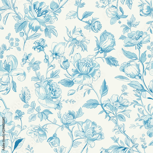Toile de jouy Floral Blue Toile Chinoiseries Peonies Flowers Print Design Seamless Pattern. 33