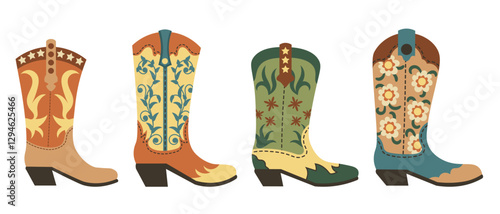 Cowgirl boots set in flat style. Hand drawn cowboy Western and Wild West concept. Traditional shoes collection.