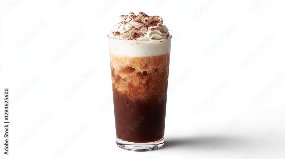 A high-angle shot of a classic iced cappuccino in a tall glass, with thick frothy foam on top and a dusting of cocoa powder A high-angle shot of a classic iced cappuccino in a tall glass, with thick frothy foam on top and a dusting of cocoa powder