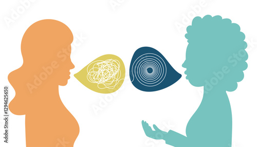 Psychologist and patient. Couple talking, characters silhouettes. Psychotherapy session or psychological consultation. Sad frustrated woman character.