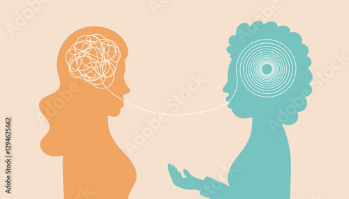 Psychotherapist and patient. Couple talking, characters silhouettes. Psychotherapy session or psychological consultation. Sad or frustrated female character.