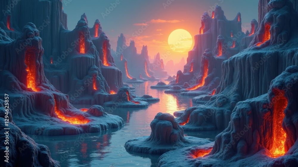 Fototapeta premium An ever-changing fractal world where landscapes reshape continuously, with glowing geometric formations emerging and dissolving. Magical Realism in endless transformation.