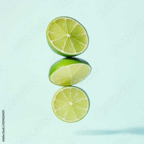 Fresh lime slices falling on light blue background 
