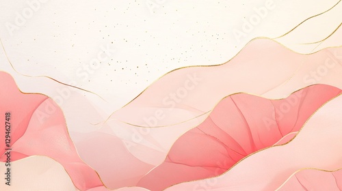 Abstract pink landscape with gold lines, soft pastel colors, gentle curves, serene background