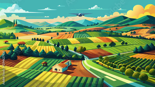 Aerial drone acres of green fields stretching for. Sunny landscape beauty of nature harvest farms. Top view from above green grass and forest