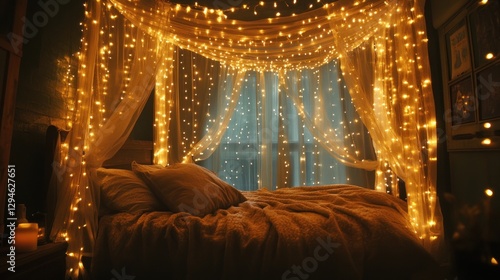 Romantic Bedroom Decor: Fairy Lights and Cozy Bed