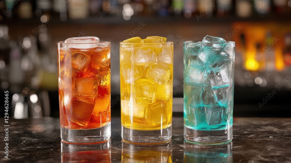 Colorful cocktails refreshing bar scene with ice cubes Colorful cocktails refreshing bar scene with ice cubes