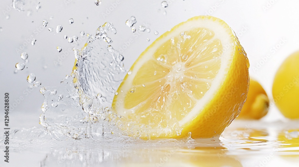 A Lemon Half Splashing Water with Droplets Against a White Background A Lemon Half Splashing Water with Droplets Against a White Background