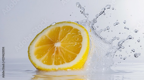 A freshly sliced lemon half with water splashing around it