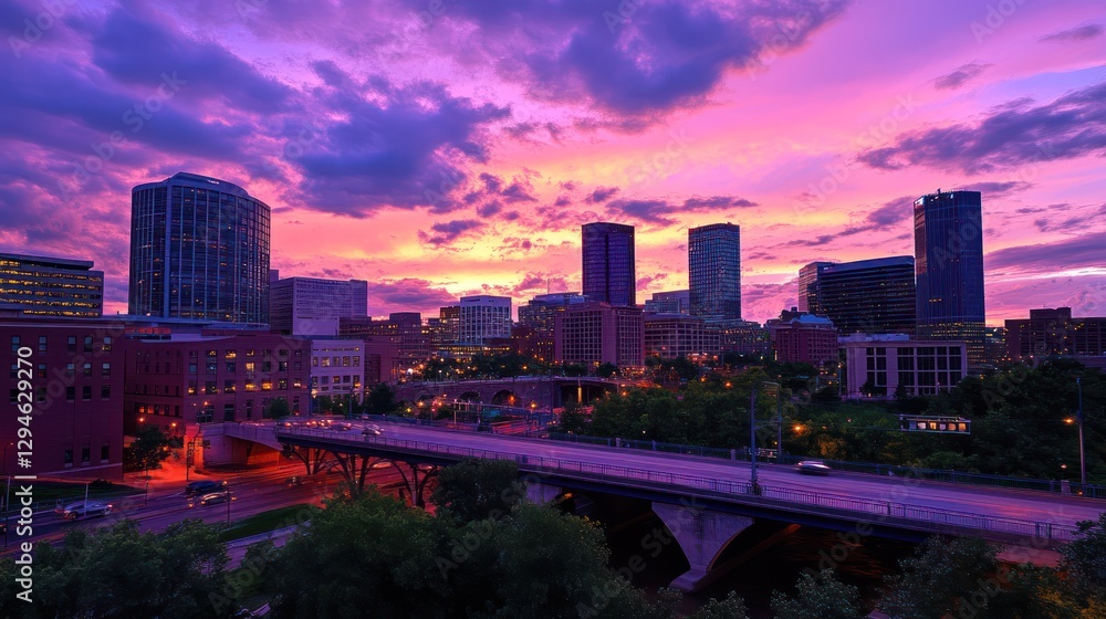Fototapeta premium Vibrant sunset over city skyline with bridges and clouds