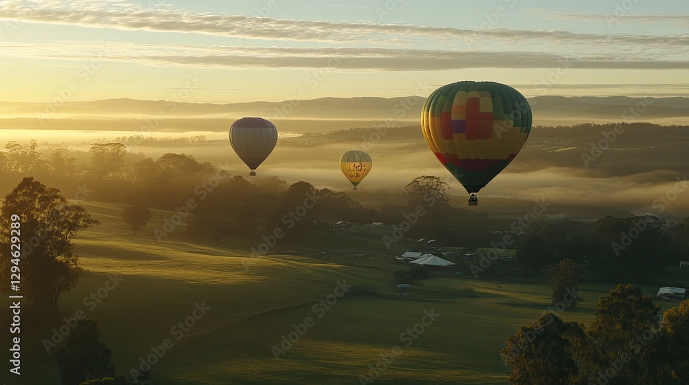 Obraz premium Hot air balloons soar over misty valley at sunrise