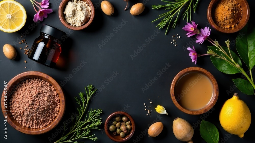 Fototapeta premium Aromatic Herbal Ingredients Arranged in a Circular Pattern on a Dark Surface