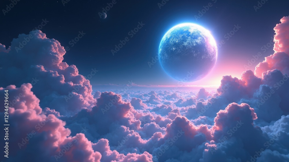 Obraz premium A gas-covered planet with levitating landmasses, glowing waterfalls defying gravity, and an endless sea of iridescent clouds below in a magical, surreal atmosphere.