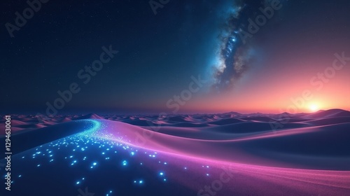 A desert planet where sand dunes glow in different colors, shifting patterns resembling living constellations under starlight. Magical Realism in a vivid, surreal landscape.