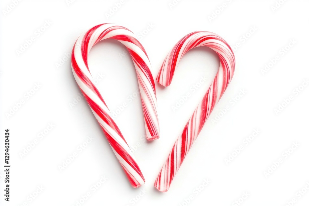 Two red and white candy canes crossed to form a heart shape representing love and holiday cheer isolated on white background Two red and white candy canes crossed to form a heart shape representing love and holiday cheer isolated on white background