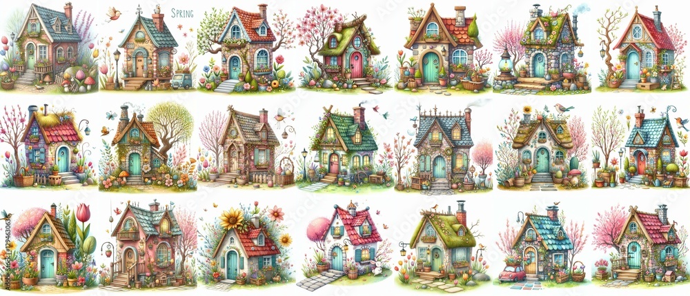 Fototapeta premium Watercolor Spring House. AI generated illustration