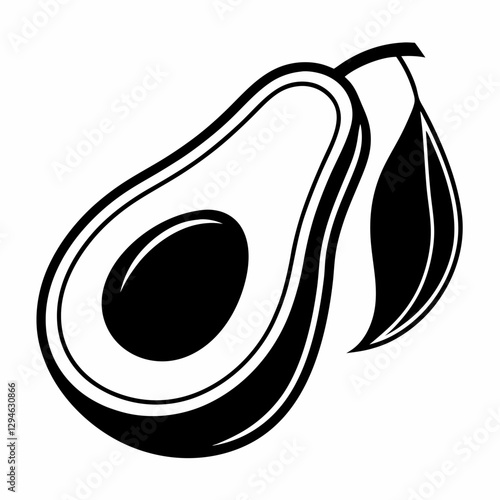 a minimalist black and white illustration of a cut avocado with a leaf vector illustration