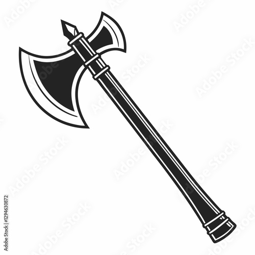 a monochrome illustration of a battle axe, featuring a double-sided blade and a sturdy handle vector illustration