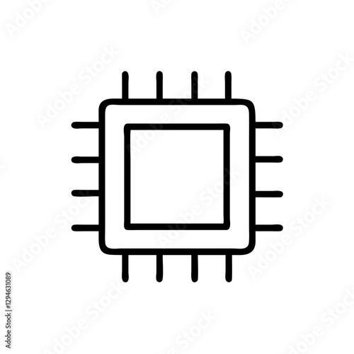 a minimal black and white image of a computer processor or CPU chip, representing technology and innovation