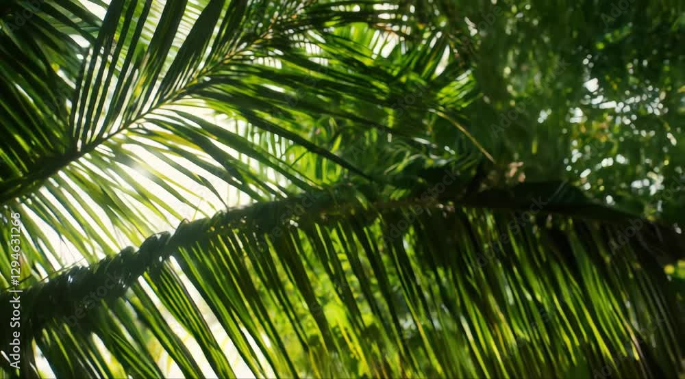 Sunlight peeking through lush palm leaves in tropical setting. Generative AI Sunlight peeking through lush palm leaves in tropical setting. Generative AI