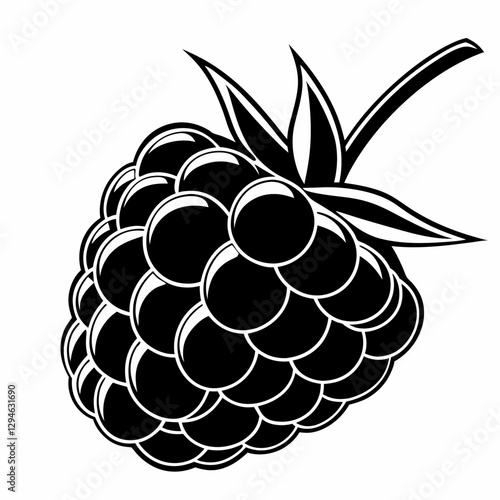 a detailed black and white illustration of a ripe blackberry with fresh green leaves