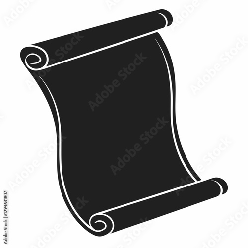 a black scroll or parchment with blank space for text. it is in an aged state and has rolled edges