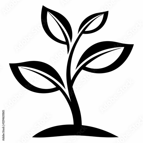 A stylized black and white illustration of a young plant with leaves, symbolizing growth and new beginnings. The plant is rooted in a small mound of soil. 