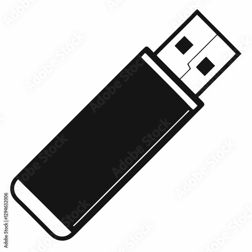 a black USB flash drive with a sleek design, perfect for data storage and transfer. The drive is depicted with a detailed close-up and vector illustration.